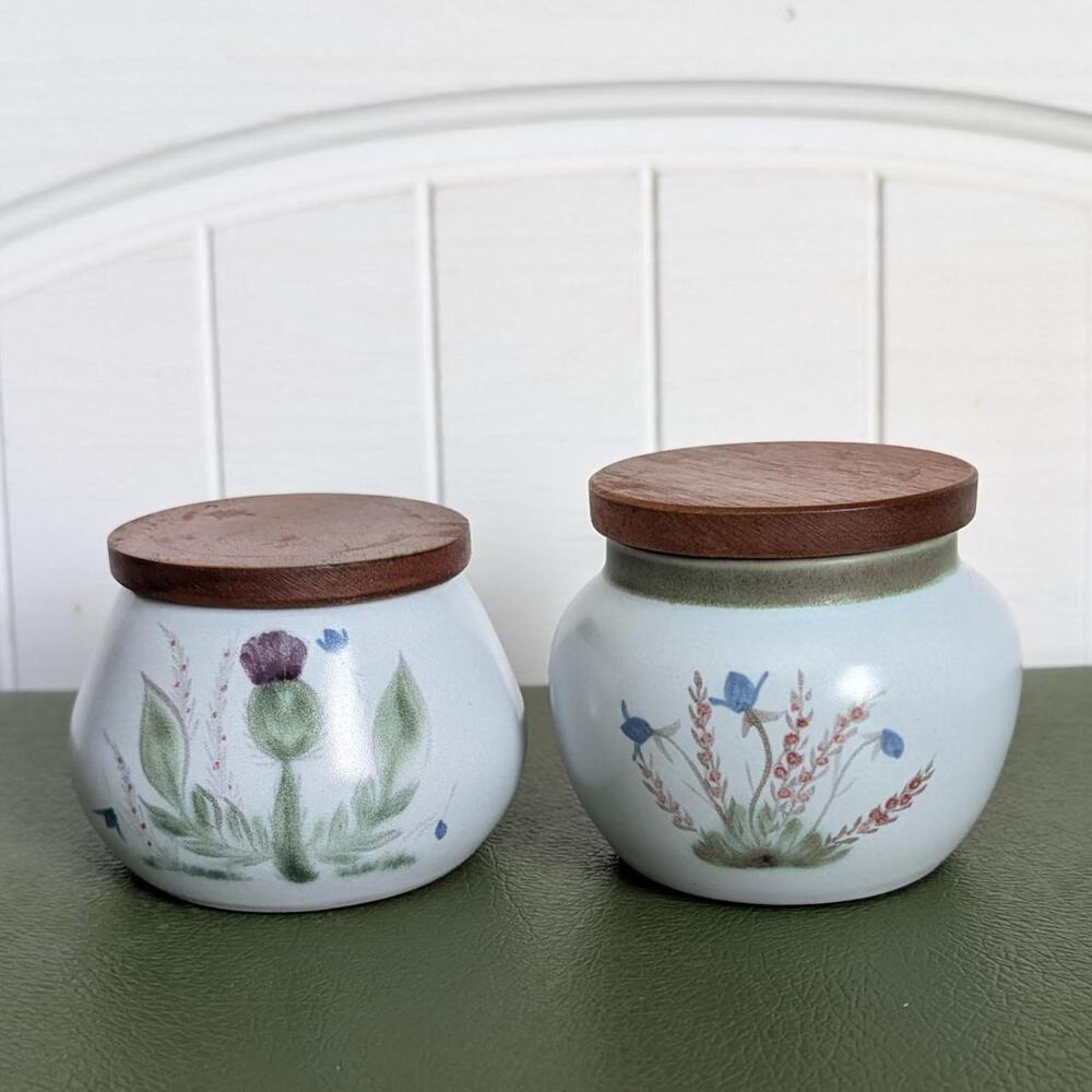 Set of Two Buchan Scottish Stoneware Thistle/ Heather Lidded Pots
